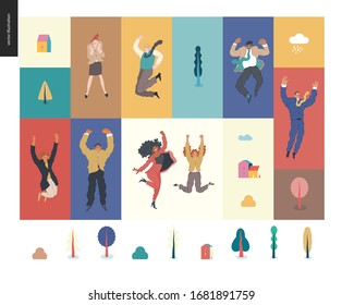 Happy business employees - group of men and women jumping in the air cheerfully. Modern flat vector concept illustration of a happy jumping office workers. Feeling and emotion concept.