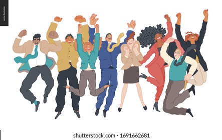 Happy business employees - group of men and women jumping in the air cheerfully. Modern flat vector concept illustration of a happy jumping office workers. Feeling and emotion concept.