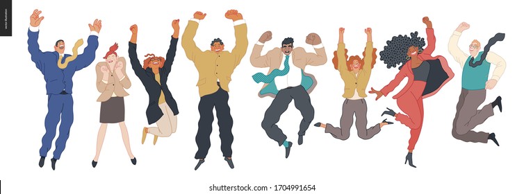 Happy business employees - group of men and women jumping in the air cheerfully. Modern flat vector concept illustration of a happy jumping office workers. Feeling and emotion concept.