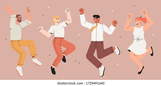 Happy business employees. A group of men and women jumping in the air cheerfully. Vector concept illustration of happy successful jumping office workers characters, business team celebrating, dancing.