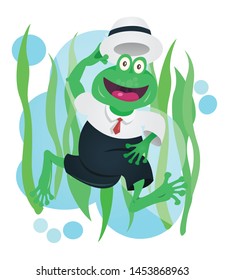 Happy business frog in suit swimming underwater. Vector Illustration.