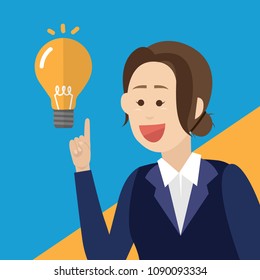 Happy business girl create a lot of idea bulbs. Business idea concept. Business idea, innovation, development and strategy concept