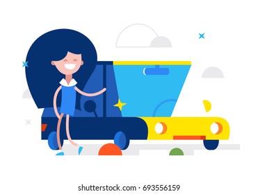 Happy business girl sells a yellow car rental. Vector modern flat style cartoon character illustration.