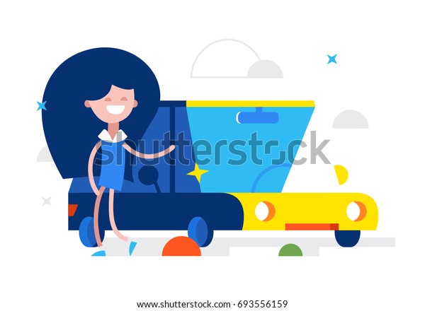Happy business girl sells\
a yellow car rental. Vector modern flat style cartoon character\
illustration.