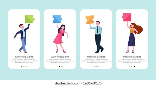 Happy business group enjoying office party. Team connecting puzzle pieces flat vector illustration. Teamwork, celebration, unity concept for banner, website design or landing web page