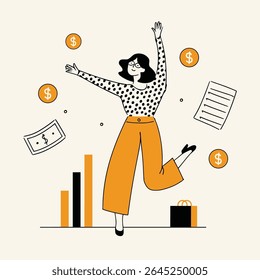 Ilustração de crescimento de negócio feliz, mulher excitada pulando, dinheiro, sucesso, liberdade financeira.