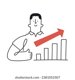 Happy business guy pointing at positive graph chart and thumb up. Outline, linear, thin line, doodle art. Simple style with editable stroke.