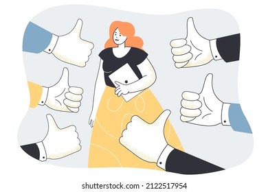 Happy business lady surrounded by thumbs up hands of people. Social approval, positive feedback and respect of nice womans work flat vector illustration. Recognition of audience, acknowledge concept