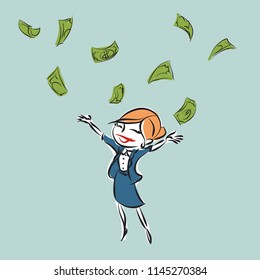 Happy business lady throw money. successful womanm, cartoon stayl, vector