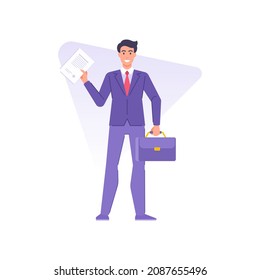 Happy business male in tie suit holding paper document successful agreement, deal, contract for partnership vector flat illustration. Smiling businessman with briefcase holding legal page with stamp