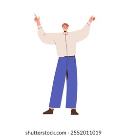 Happy business man with arms up, finger pointing, advertising. Smiling cheerful excited office worker character celebrating in funny pose. Flat vector illustration isolated on white background