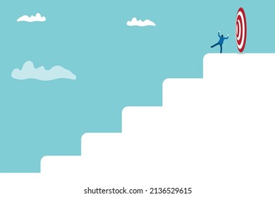 Happy business man ascending stairs and celebrating financial success. Concept of business achievement, achieved goal, successful entrepreneur. Eps10 vector illustration