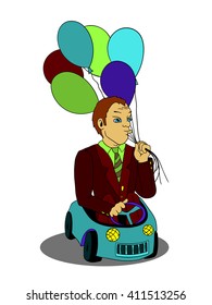 Happy of business man with balloons in the toy car cartoon vector concept character