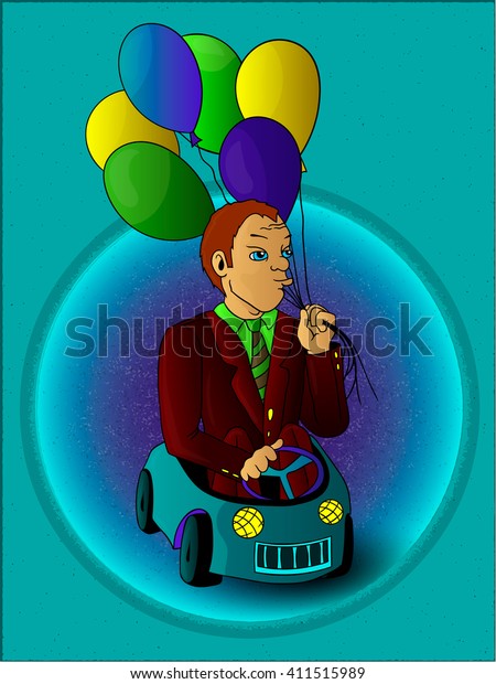 Happy of business man with balloons in the toy\
car , cartoon vector\
concept