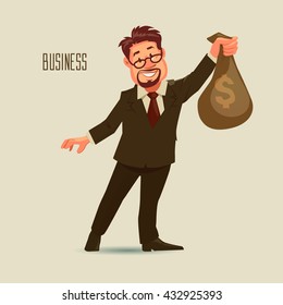 happy business man with beard and glasses holding a money bag with dollar sign, cartoon character, success, profit, vector illustration