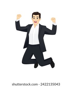 Happy business man in black suit jumping isolated vector illustration 