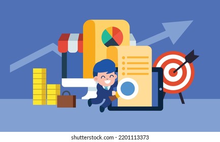 Happy business man with business campaign report. online marketing concept, analyzing data on computer and mobile screen. flat vector illustrator