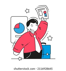 Happy business man celebrating success with certificate achievement and profit growth graph vector flat illustration. Smiling male office employee enjoying business project award isolated on white