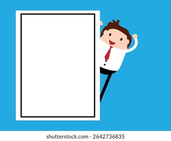 Happy Business Man Character Showing up Behind Poster Smiling. Place for text and advertisement of product concept vector art