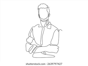 Happy business man company owner entrepreneur, smiling mature professional executive manager, confident businessman leader looking at camera standing arms crossed.  line icon-continuous line drawing. 