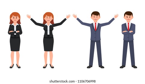 Happy business man in dark blue suit and woman in black suit cartoon character. Vector illustration of male and female crossed hands