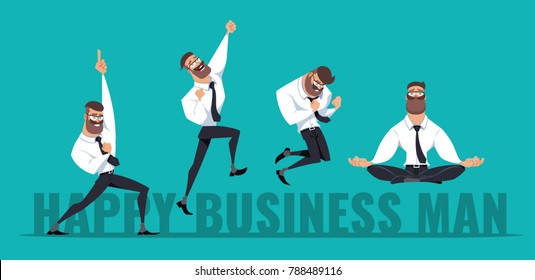 Happy Business Man in different poses. Vector illustration isolated on blue background. 