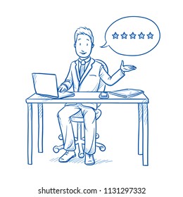 Happy business man, employee at his desk with laptop, tablet and smart phone, with five stars rating speech bubble.  Hand drawn line art cartoon vector illustration