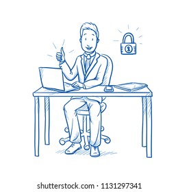 Happy business man, employee at his desk with laptop, tablet looking confident with secure data, closed lock icon.  Hand drawn line art cartoon vector illustration