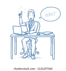 Happy business man, employee at his desk with laptop, tablet pointing with his finger up.  Hand drawn line art cartoon vector illustration