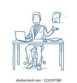 Happy business man, employee at his desk with laptop, tablet raising hand with file or document icon.  Hand drawn line art cartoon vector illustration