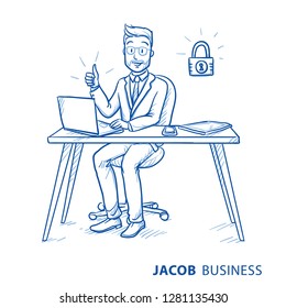 Happy business man, employee at his desk with laptop, tablet looking confident with secure data, closed lock icon.  Hand drawn blue line art cartoon vector illustration