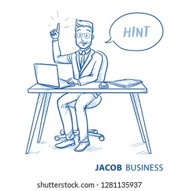 Happy business man, employee at his desk with laptop, tablet pointing with his finger up.  Hand drawn blue line art cartoon vector illustration