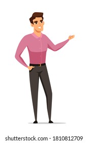 Happy business man giving presentation at office. Guy standing, showing. Corporate job cartoon vector illustration. Young businessman character, workspace employee explaining.