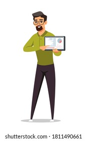 Happy business man giving presentation at office character cartoon vector illustration. Guy standing, showing graph information. Corporate job. Young businessman, workspace employee explaining goals.