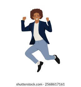 Happy business man hands up, jumps for joy. Flat vector illustration isolated on white background