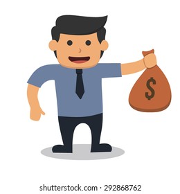 happy business man holding a bag of money 