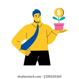 Happy business man holding growing plant with dollar money coin flower.  Investment concept. Flat vector illustration isolated on white background