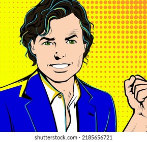A happy business man holding his fist up in the air in victory. Man enjoying victory. Smiling shirtless excited healthy young character with hand in fist. Pop Art Comic book style, retro, vintage 