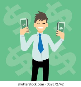 Happy business man holding a lot of money in his hand;success concept-vector