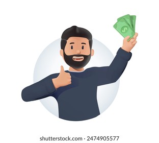 Un hombre de negocios feliz tiene el dinero en las manos. Alegre hombre con billetes de dinero en sus manos. El concepto de riqueza. Ilustración vectorial en estilo de dibujos animados. Éxito empresarial, logro de objetivos. Vector 3d