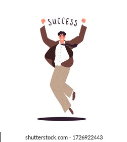 Happy business man jumping for success concept on isolated background. Successful young salesman motivated or in positive emotion.