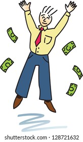 A happy business man jumping and throwing money in the air.