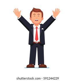 Happy business man or leader raising his hands up celebrating career success and work progress. Flat style modern vector illustration isolated on white background.