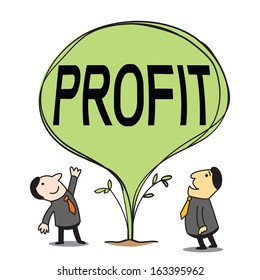Happy business man looking at the big tree with message profit, representing to gain huge profit from investment. 