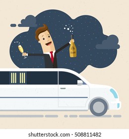 Happy Business man or manager is riding in limo at night with champagne in hand. Holiday, corporate party, evening, friday, New year, Christmas, weekend, holidays. Vector, illustration, flat