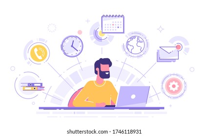 Happy business man with multitasking skills sitting at his laptop with office icons on a background. Freelance worker. Multitasking, time management and productivity concept. Vector illustration.