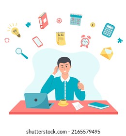 Happy Business Man With Multitasking Skills Sitting At His Laptop With Office And Talking On Phone. Office And Business Icons Around Him. Multitasking, Time Management And Productivity Concept.