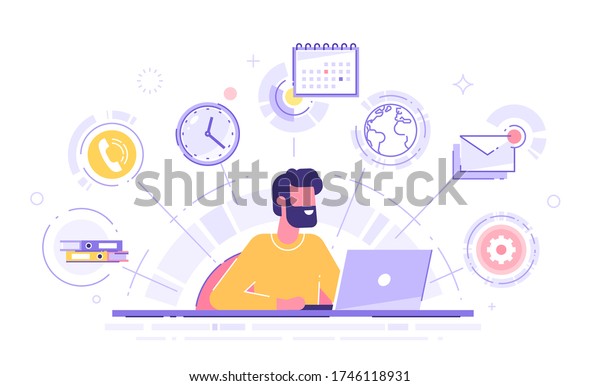 Happy business man with multitasking skills\
sitting at his laptop with office icons on a background. Freelance\
worker. Multitasking, time management and productivity concept.\
Vector illustration.
