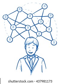 Happy business man, with network lines and icons, concept for social network team. Hand drawn line art cartoon vector illustration.