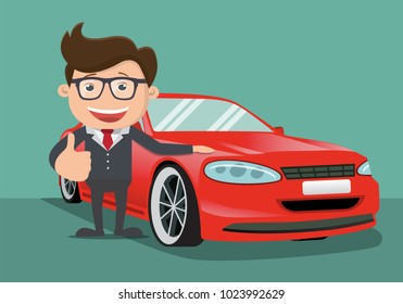 Happy business man  next to the red car. Vector illustration.
